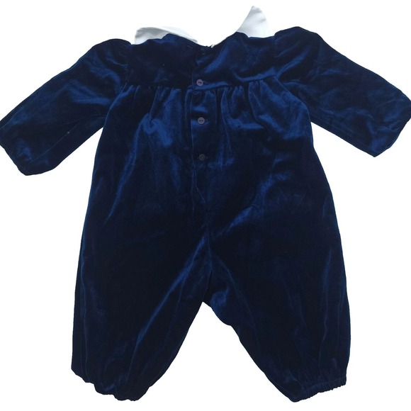 Vintage Rare Editions Bubble Romper Girls Blue Velvet Lace Peter Pan Collar 18M - Picture 2 of 7